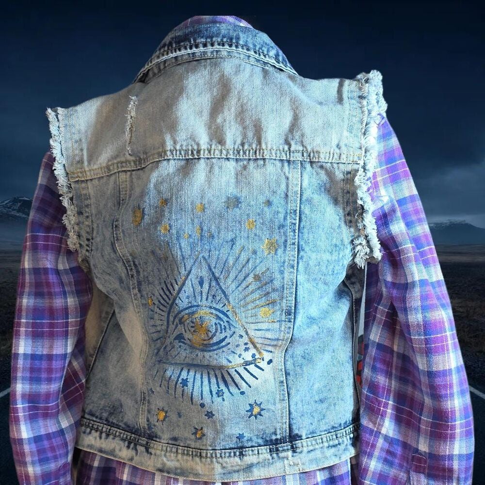 Custom Hand-Painted All-Seeing Eye Denim Vest